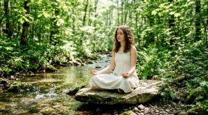 Teen girl practicing mindfulness outdoors in forest