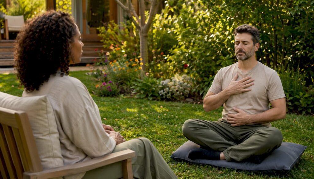 Therapist and client practicing breath awareness in therapy room