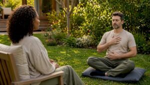 Therapist and client practicing breath awareness in therapy room