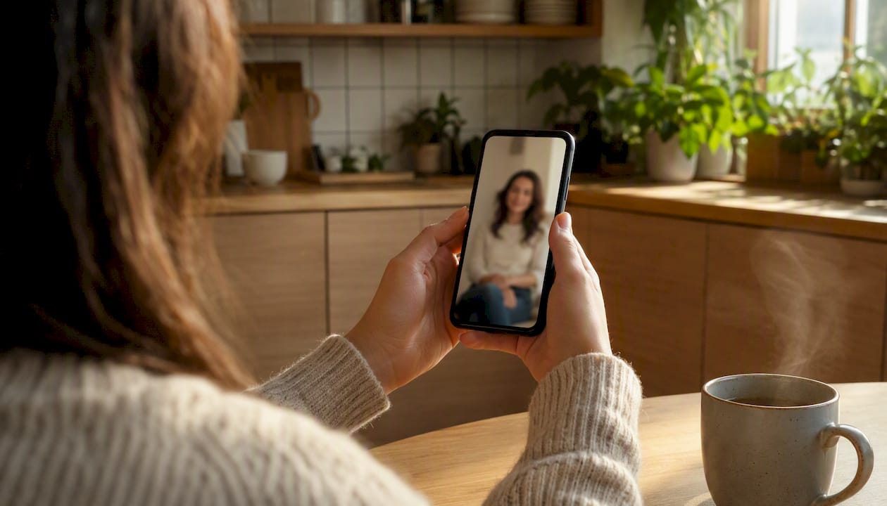 Close-up of hands holding smartphone for teletherapy