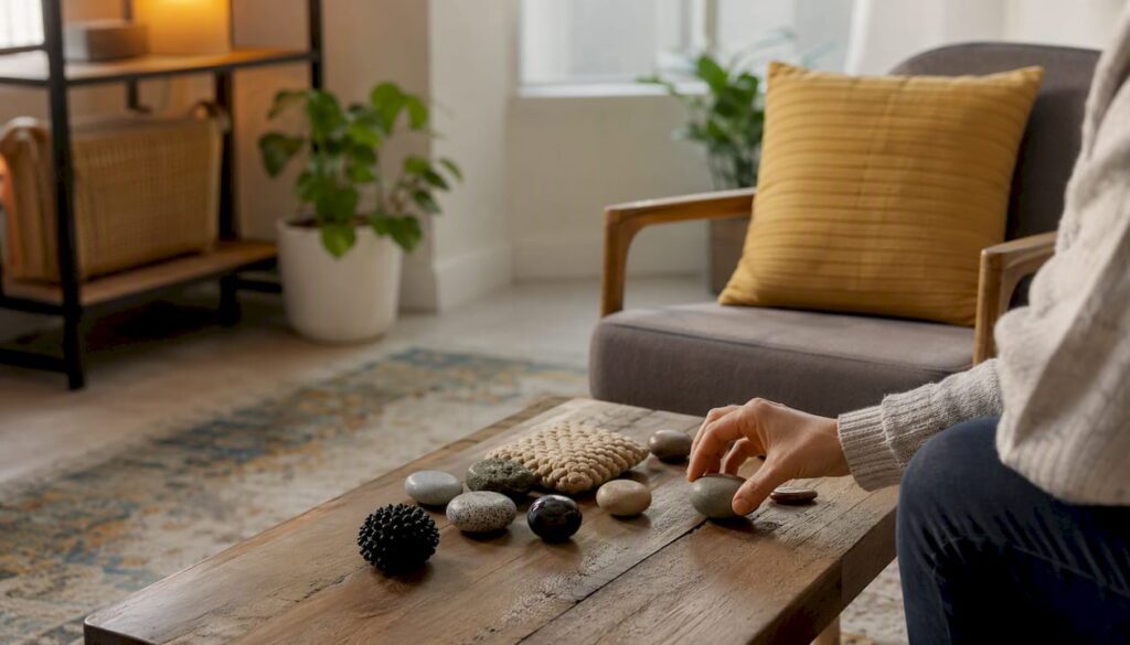 Hand arranging calming tactile stones in therapy room