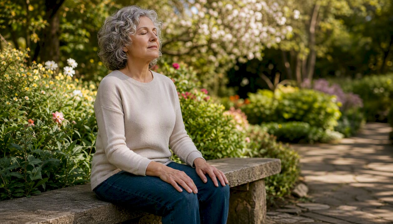 Person practicing mindful breathing on park bench