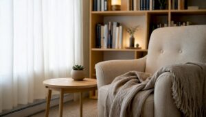 Inviting therapy room corner with chair and mug