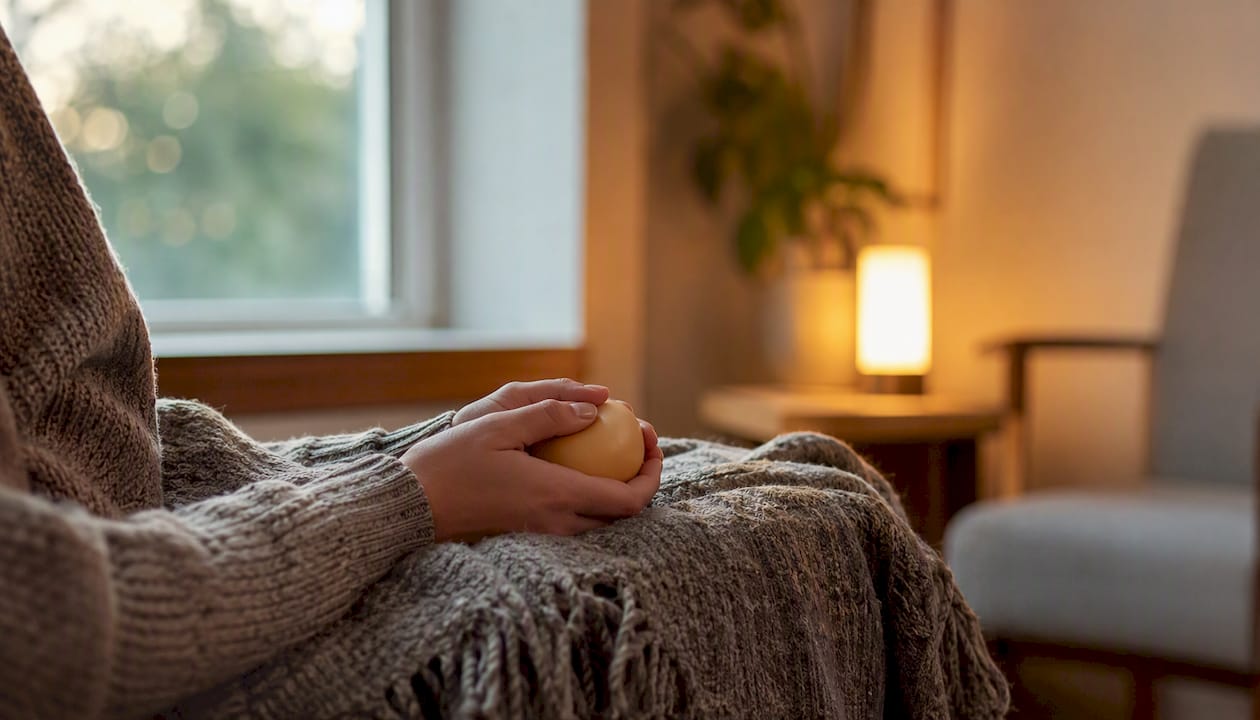 Hand holding calming tactile object in therapy