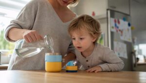 Parent pouring water during child play