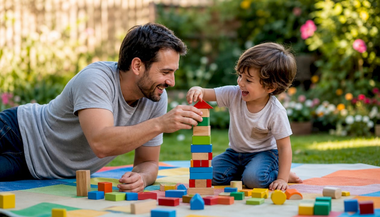 Parent and child building with blocks