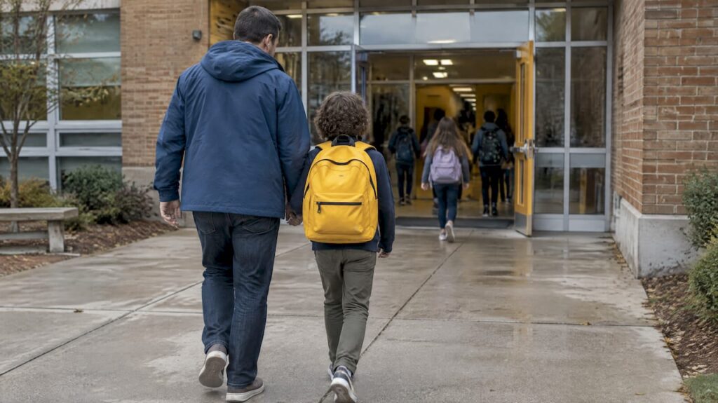 Parent and child approach a school entrance